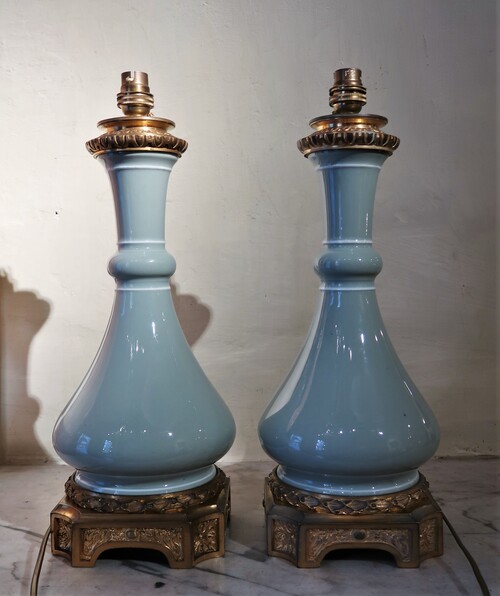 Pair of celadon vases mounted as a lamp