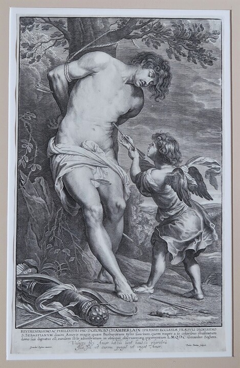 Saint Sebastian comforted by an Angel by P. Pontius after G. Seghers