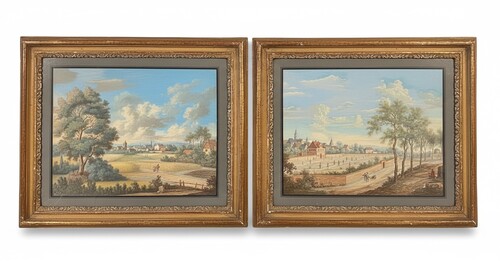 Pair of depictions of lively villages. gilded and carved wooden frames. Circle of Lazare BRUANDET, (1755-1804), french school