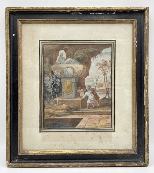 View of a scene from antiquity. Characters discussing around a monument.